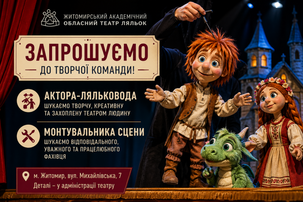 Житомирський театр ляльок відкрив вакансії: шукають актора-ляльковода та монтувальника сцени