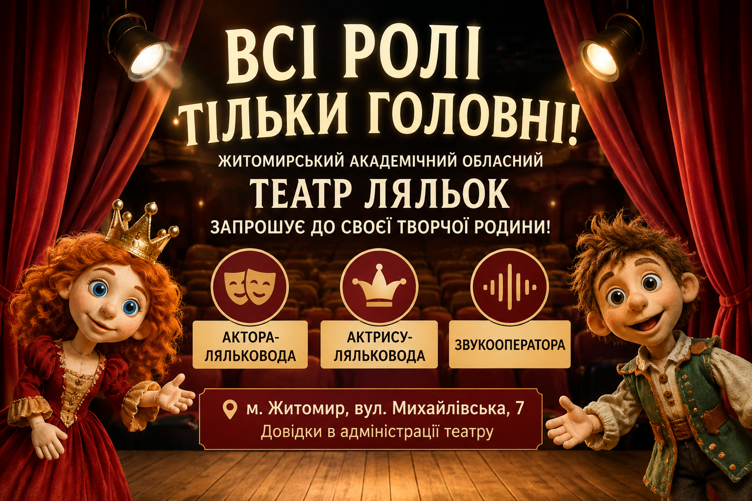 «Всі ролі тільки головні!»: Житомирський театр ляльок запрошує до творчої родини