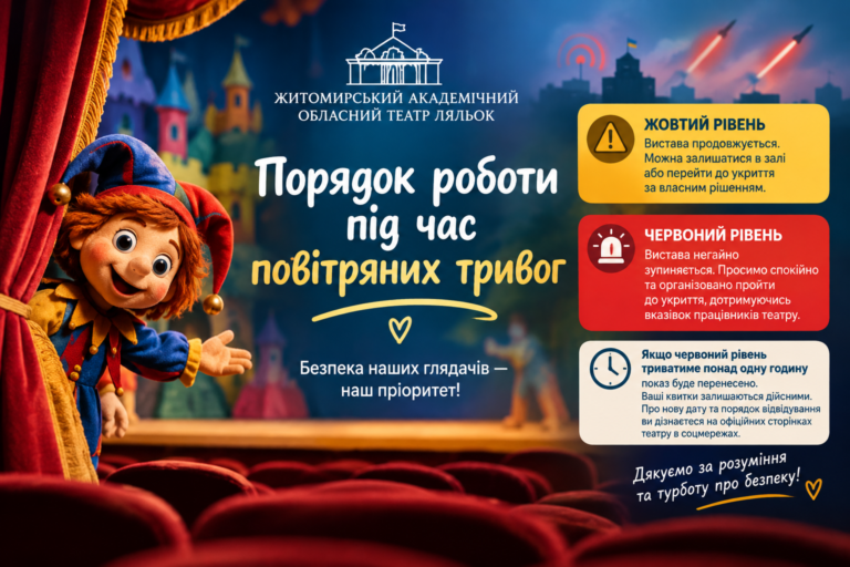 Житомирський театр ляльок повідомив про порядок роботи під час повітряних тривог