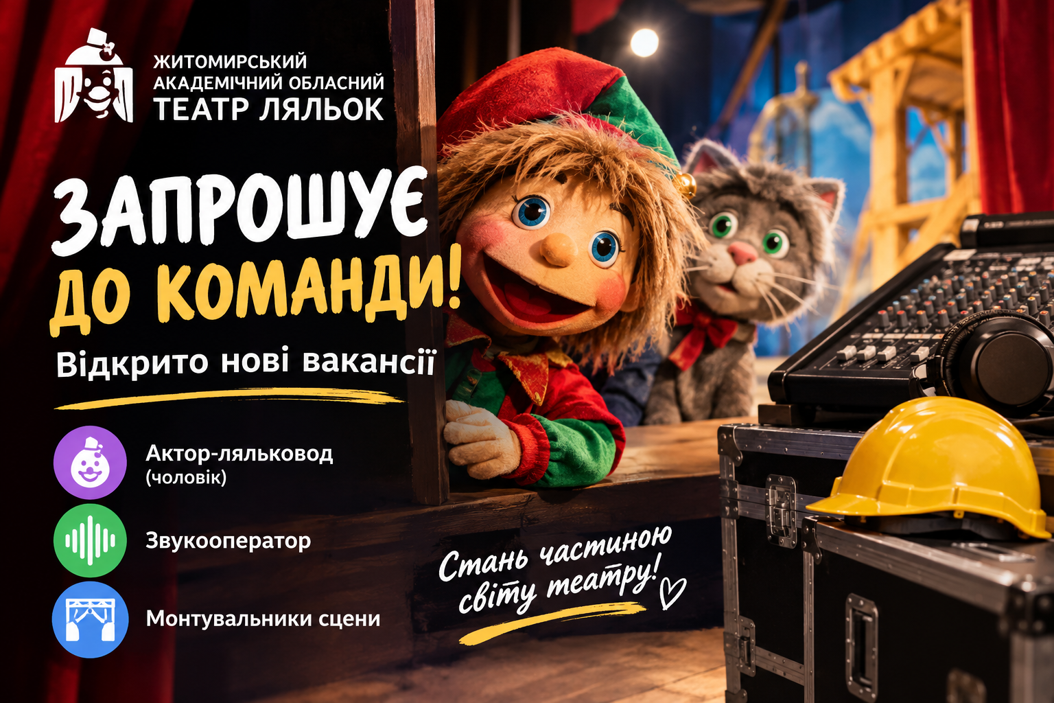 Житомирський театр ляльок запрошує до команди: відкрито нові вакансії